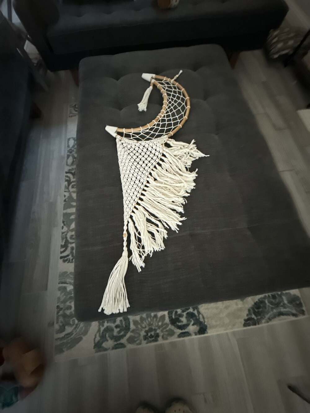 Boho Macrame Crescent Moon Dreamcatcher Wall Hanging with Wood Beads